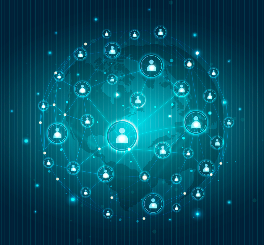 Blue social network technology icons background vector